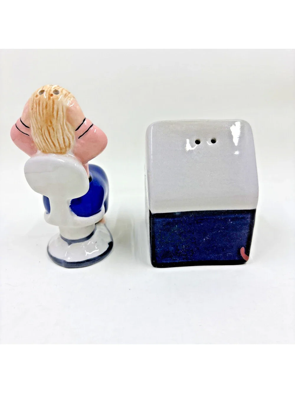 Woman sitting at 90s Style computer salt and pepper shakers  Vintage Rare